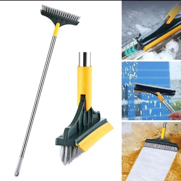 Floor Brush- 2 In 1 Long Handle Wiper Stiff Bristle Floor Brush