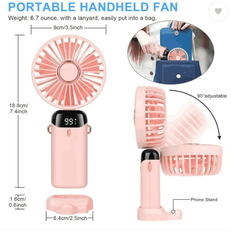 Portable Handheld Fan – USB Rechargeable, Battery Operated Mini Fan with LED Display, 5 Speeds, 3-in-1 Desk/Neck/Hand Use