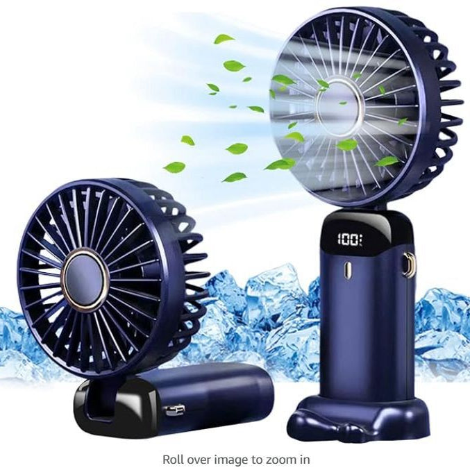 Portable Handheld Fan – USB Rechargeable, Battery Operated Mini Fan with LED Display, 5 Speeds, 3-in-1 Desk/Neck/Hand Use