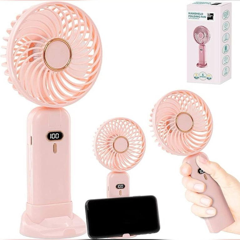 Portable Handheld Fan – USB Rechargeable, Battery Operated Mini Fan with LED Display, 5 Speeds, 3-in-1 Desk/Neck/Hand Use