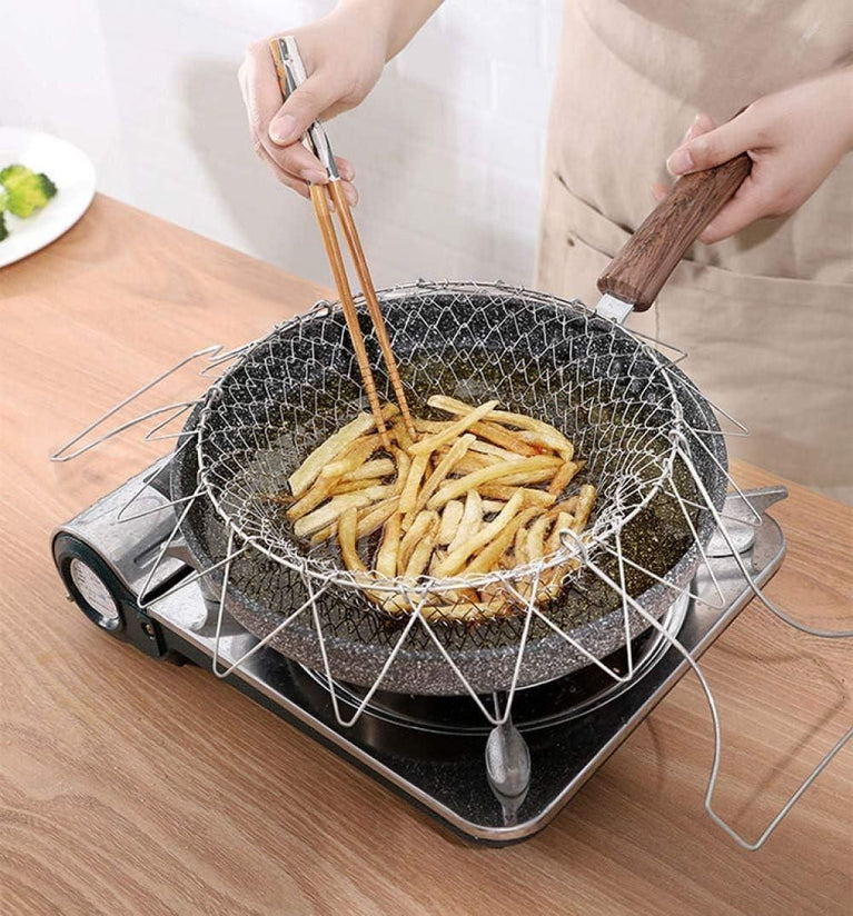 Multifunctional Frying Pan Basket Stainless Steel Folding Strainer