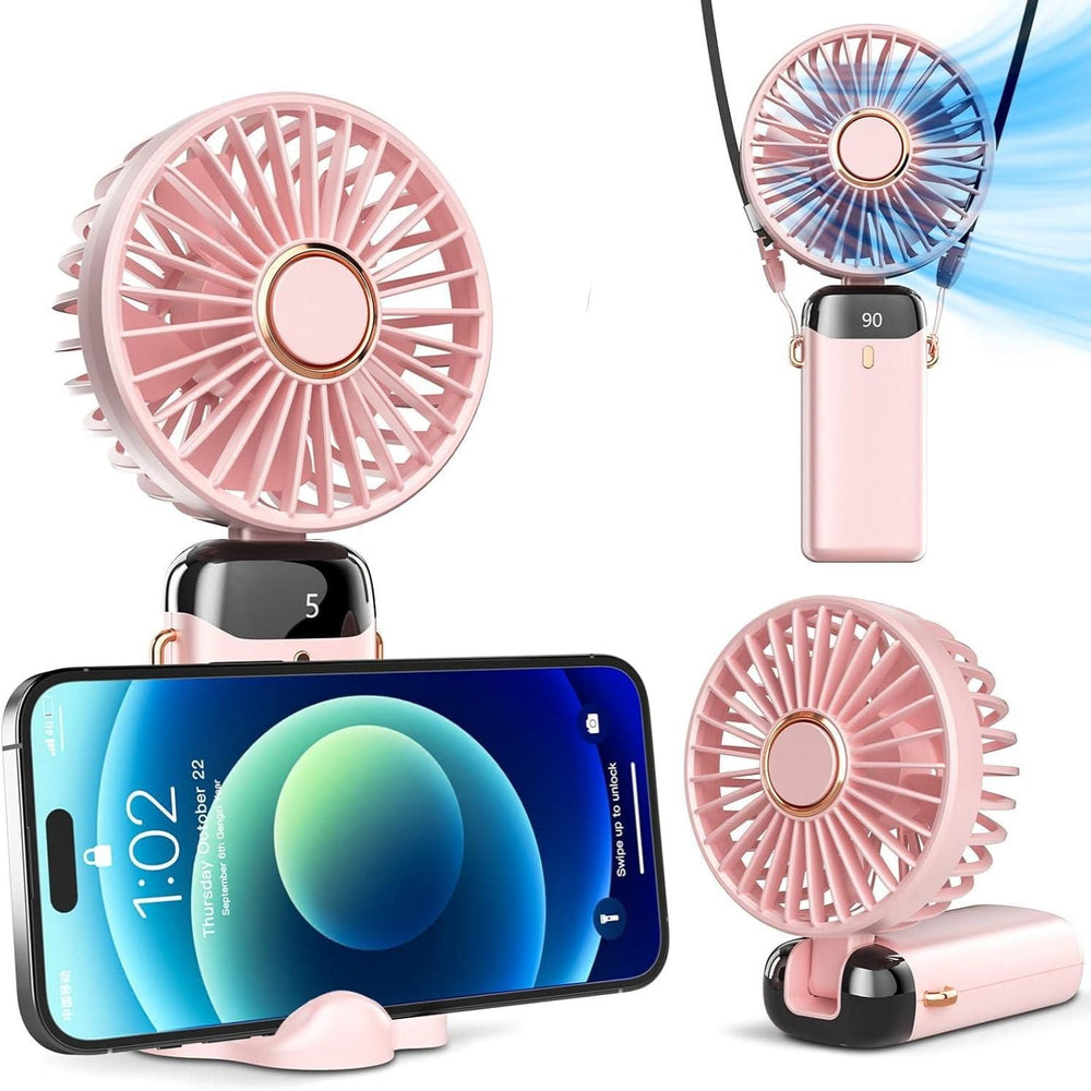 Portable Handheld Fan – USB Rechargeable, Battery Operated Mini Fan with LED Display, 5 Speeds, 3-in-1 Desk/Neck/Hand Use