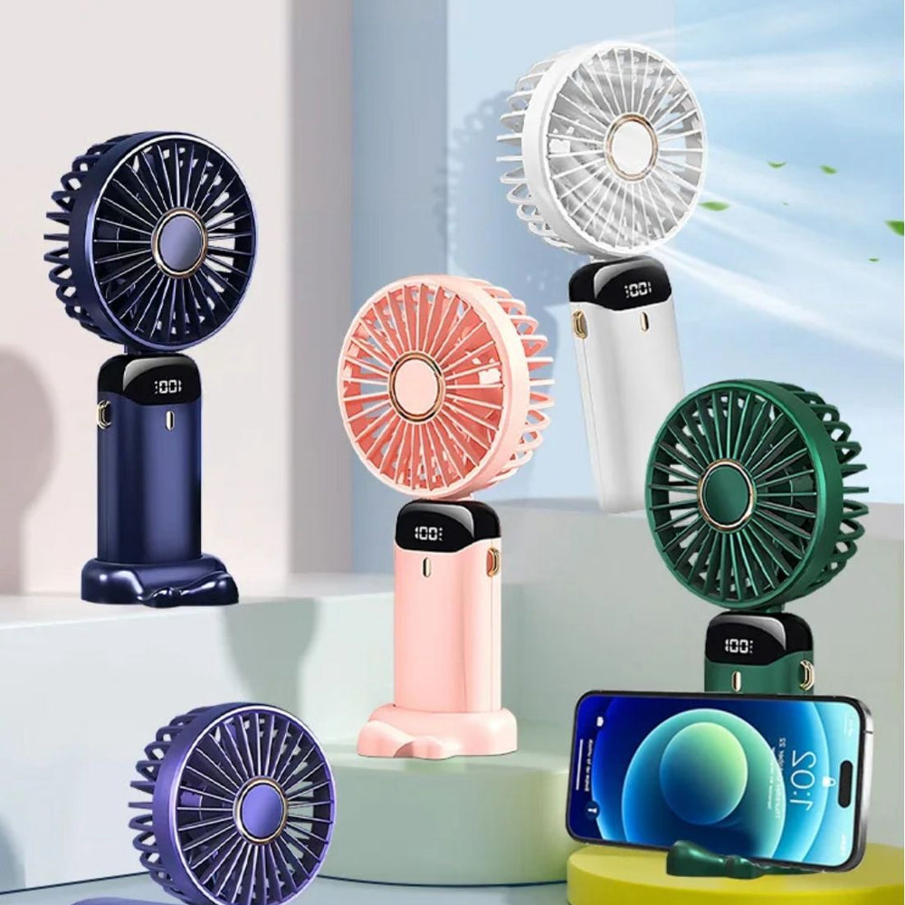 Portable Handheld Fan – USB Rechargeable, Battery Operated Mini Fan with LED Display, 5 Speeds, 3-in-1 Desk/Neck/Hand Use
